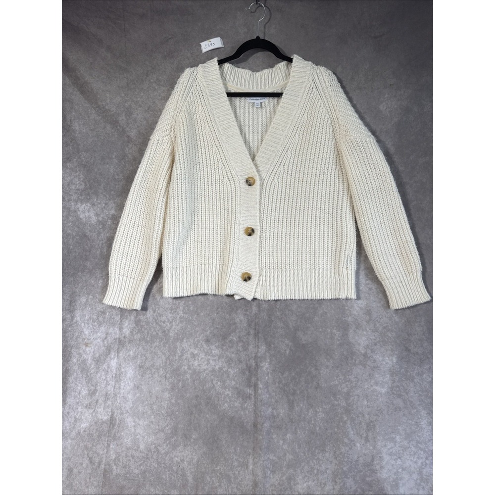 Calvin Klein Jeans Cardigan Cream Colored Three Button Size Small Box Knit